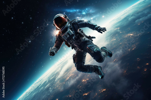 A person in a space suit flying through a starry night sky with a jet pack photo
