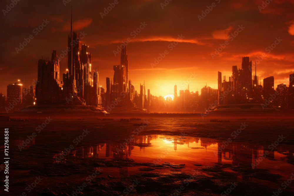 A futuristic cityscape - a large, modern cityscape with towering skyscrapers and a bustling city life, illuminated in a warm, orange glow