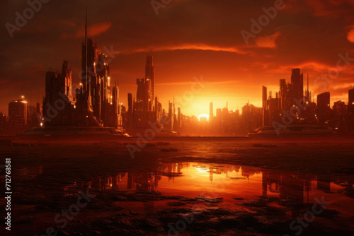 A futuristic cityscape - a large, modern cityscape with towering skyscrapers and a bustling city life, illuminated in a warm, orange glow