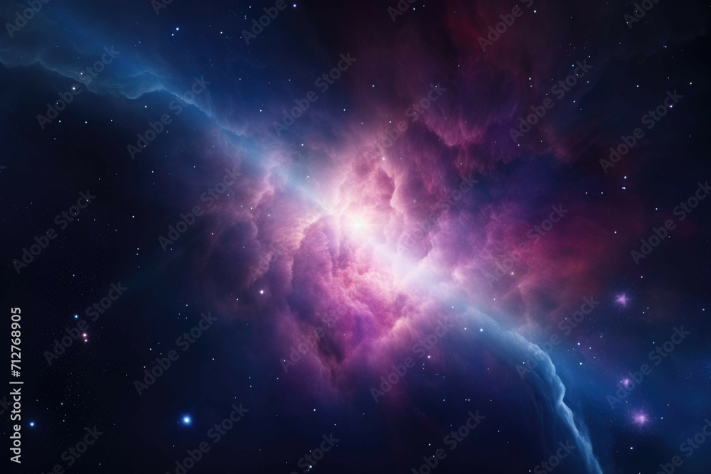 A view of a distant star with a bright, colorful nebula in the background A view of a distant star with a bright, colorful nebula in the background