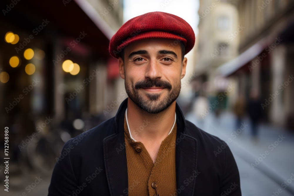 Portrait of a handsome bearded man in a cap on the street Portrait of a handsome bearded man in a cap on the street
