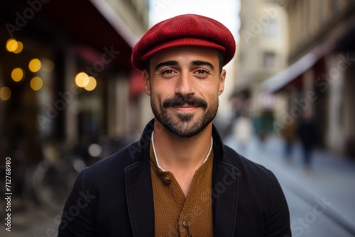 Portrait of a handsome bearded man in a cap on the street © Inigo