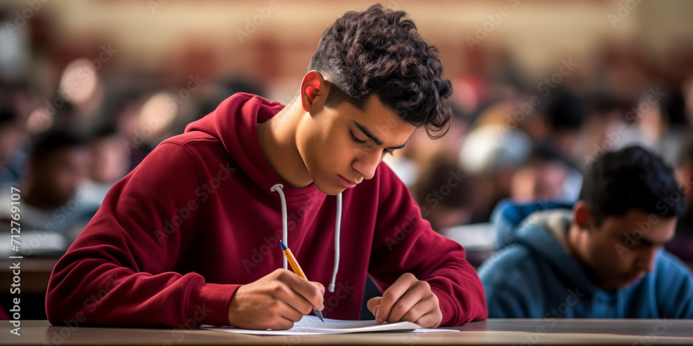 student taking an exam at the college with blurred background - obrazy, fototapety, plakaty 