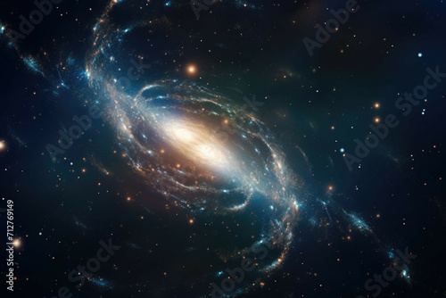 A shot of a distant galaxy  with its spiral arms stretching out into the infinite darkness of space
