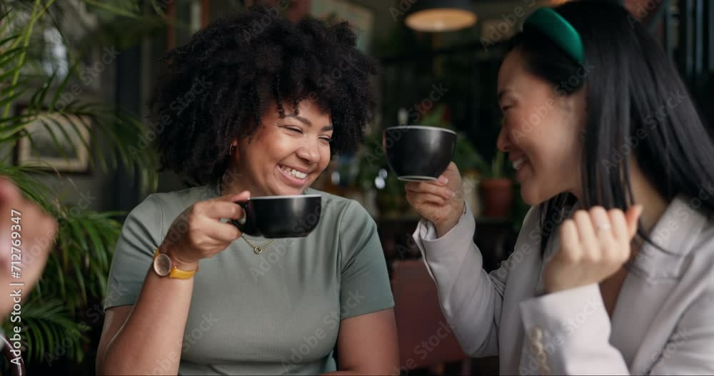 Happy people, friends and talking with coffee at cafe for social, free time or catch up break together. Group smile and enjoying conversation with beverage, drink or cup of tea at indoor restaurant