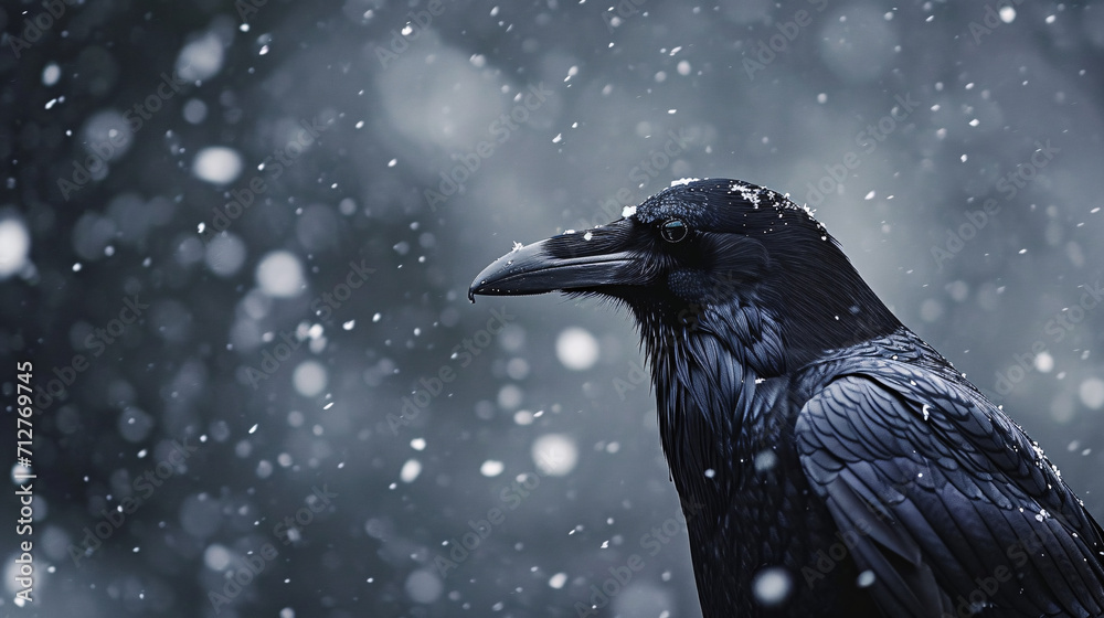 Obraz premium A crow in a snowstorm. Close-up shot of a Corvus corax, the common raven in the snow. Contrast between the all black passerine and the white snow.