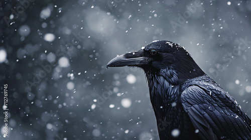 A crow in a snowstorm. Close-up shot of a Corvus corax, the common raven in the snow. Contrast between the all black passerine and the white snow. photo