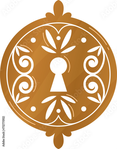 Golden ornate keyhole on a decorative round plate. Intricate lock design with swirls and florals. Elegant security concept vector illustration.