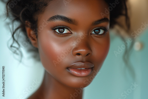 black-skinned young woman about 20 years old with freckles, big black eyes, white background. concept of beauty, purity, divine woman