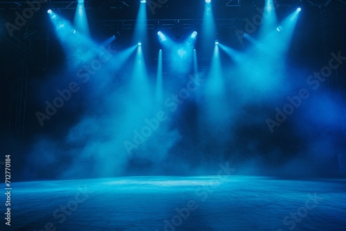 Mystical concert stage shrouded in blue fog with soft spotlight glow. Serene performance area. photo