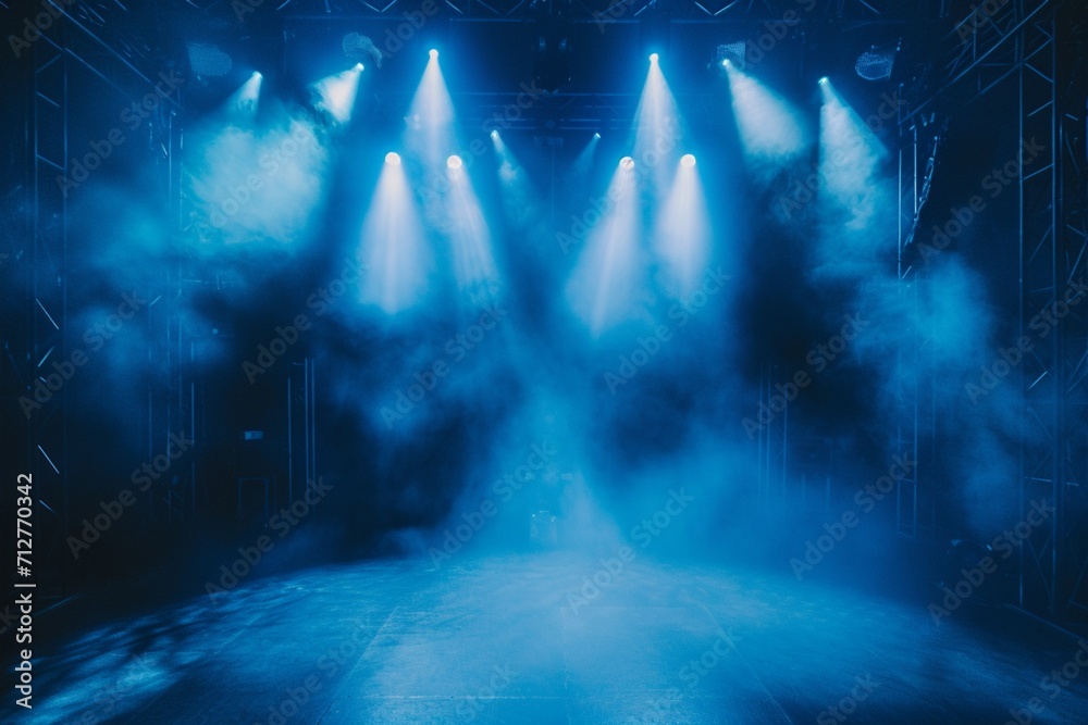 Mystical concert stage shrouded in blue fog with soft spotlight glow. Serene performance area.