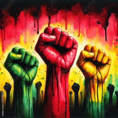 Three fists in the air. African themed colors.