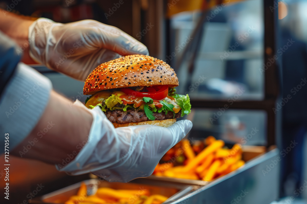 A fast food street food vendor with a freshly made cheeseburger - obrazy, fototapety, plakaty 