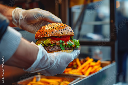 A fast food street food vendor with a freshly made cheeseburger photo