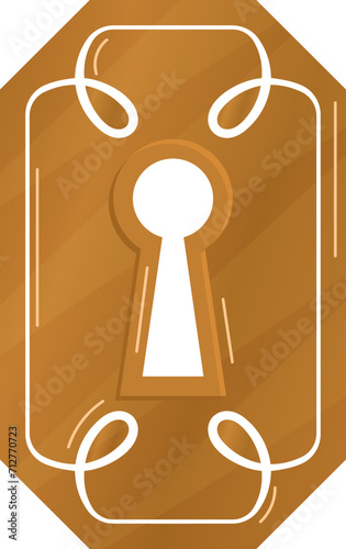 Brown octagonal vintage label with a keyhole design. Antique lock emblem with shiny effect. Secure access theme badge vector illustration.