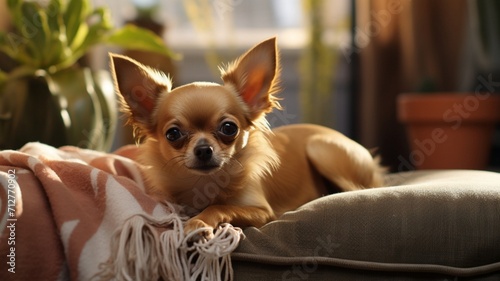 Adorable Chihuahua Basking in the Warmth of a Cozy Home Atmosphere - AI-Generative