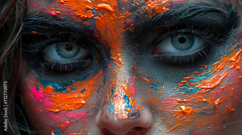 Captivating image portraying a close up woman's face. Mesmerizing fusion of colorful paint splashes.  Captivating gaze Harmony of the composition, emotionally resonant artwork.  photo