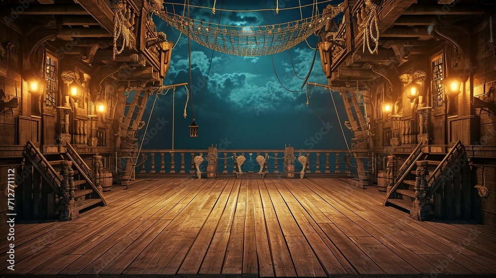 Naklejka premium empty pirate ship deck background for theater stage scene