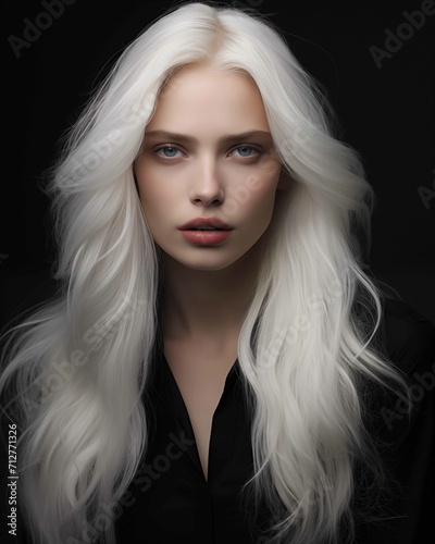 A portrait of a woman with striking white hair and blue eyes against a black background.