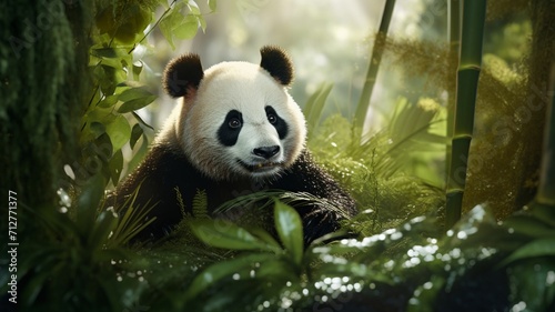 Cuddly Panda Bear Eating Bamboo in a Bamboo Forest - AI-Generative