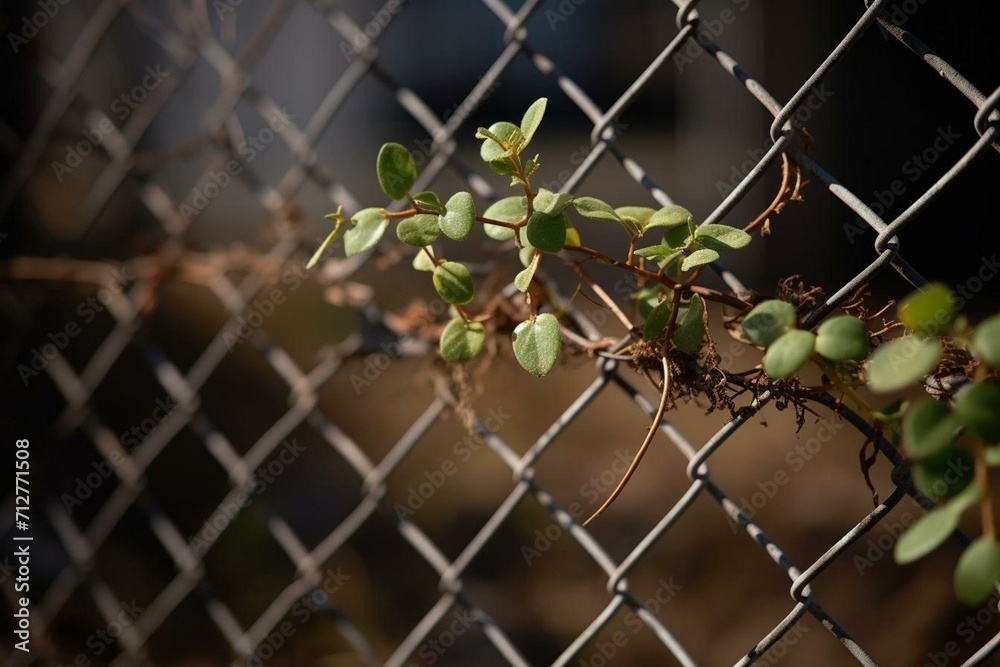 Closeup of plant by fence, featuring sprouting leaves on chain link. Generative AI Closeup of plant by fence, featuring sprouting leaves on chain link. Generative AI