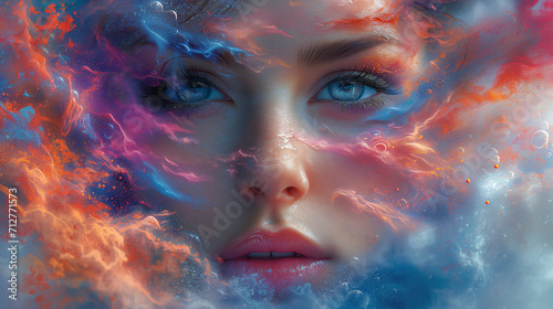 Captivating image portraying a close up woman's face. Mesmerizing fusion of colorful paint splashes. Captivating gaze Harmony of the composition, emotionally resonant artwork. 