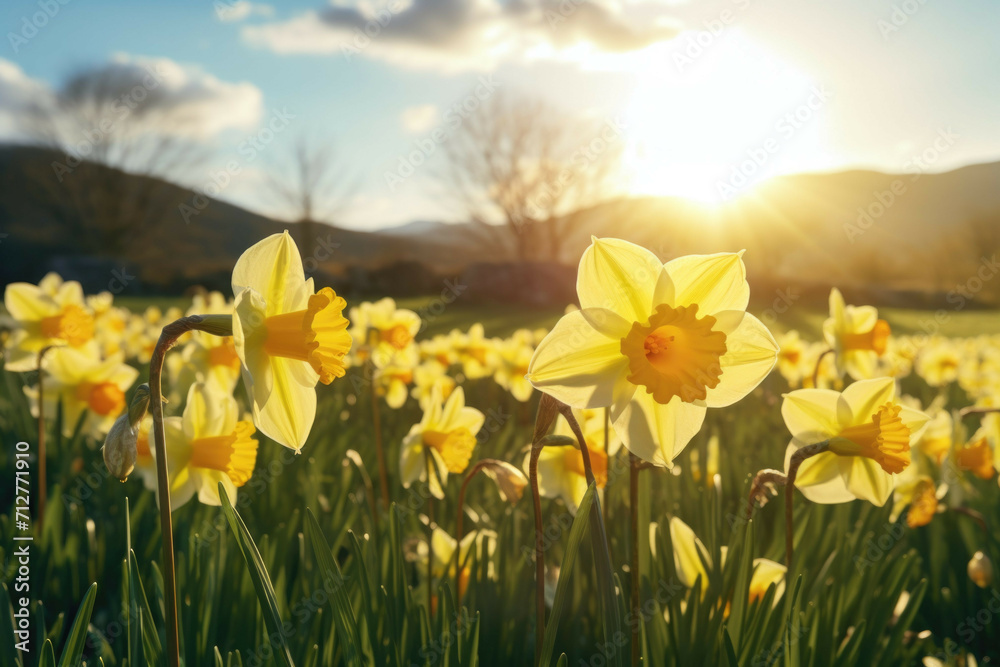 A wide angle shot of a field of yellow daffodils swaying in the wind, the sun shining through the petals creating a beautiful contrast between the yellow and the green grass