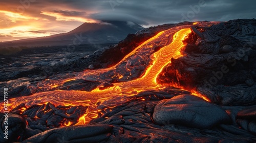 Lava flows down the slope, a mesmerizing yet impressive display of the Earth's geological forces. Eruption.