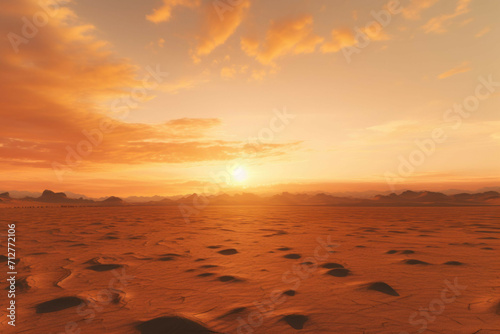 A desolate desert, the sky is a deep yellow, the horizon is flat and empty, the sun is setting in the distance