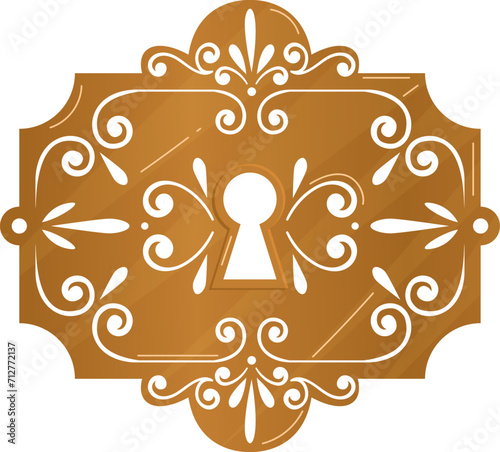Golden ornate lock escutcheon with intricate design. Luxury detailed keyhole plate vector illustration.