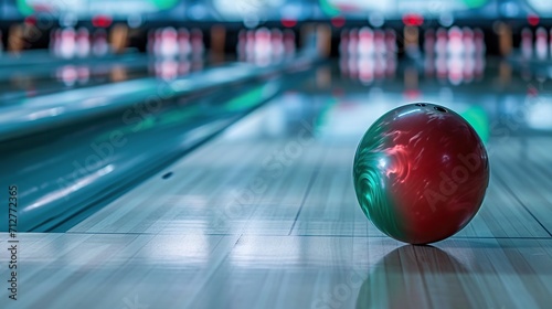 Close-up of a red and green bowling ball in a bowling alley