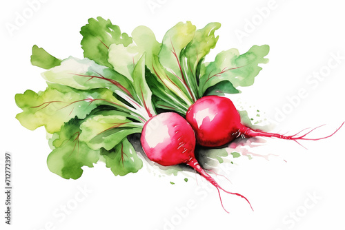 Watercolor radish isolated on white. Illustrated organic vegetables. Element for cooking, receipt, packaging design, books