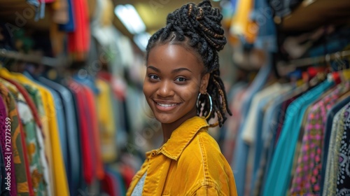 Young beautiful women shopping in second hand store chooses vintage clothes photo