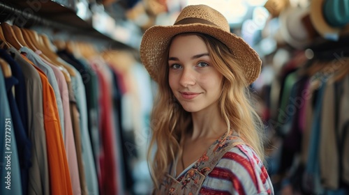 Young beautiful women shopping in second hand store chooses vintage clothes
