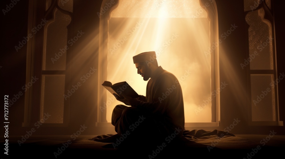 Silhouette of a Muslim man reading the Koran, with a background of sunlight and fog. copyspace - generative ai