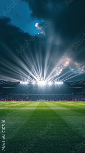 Stadium, football field. The lights pierce the dark night sky, casting a brilliant light into the background, illuminating the anticipation of an exciting football game. © DreamPointArt