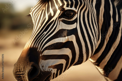 A close up of a zebra's face, with its stripes visible in the background