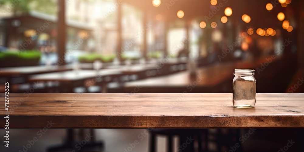 Blurred cafe and restaurant backdrop with empty wooden desk.
