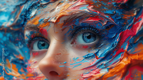 Captivating image portraying a close up woman's face. Mesmerizing fusion of colorful paint splashes.  Captivating gaze Harmony of the composition, emotionally resonant artwork.  photo