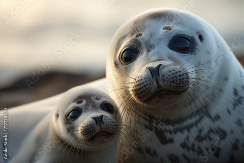 A baby seal pup cuddling with its mother on a beach © Michael Böhm