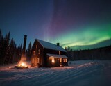 A winter forest clearing with a small stone house, smoke coming from the chimney, lights in the windows, an old man distilling spirits, a clear, starry sky with the Northern Lights, and burning torche