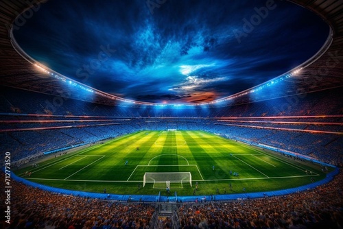A vibrant football stadium lit up for a soccer match. Generative AI