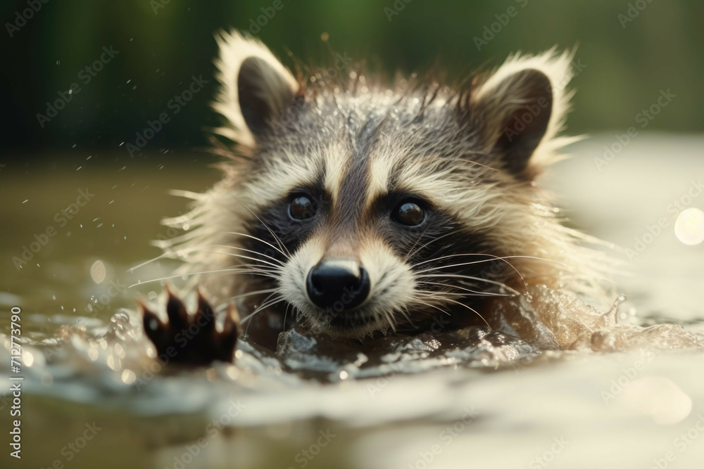 A baby raccoon washing its face in a river, its little hands splashing around in the water A baby raccoon washing its face in a river, its little hands splashing around in the water