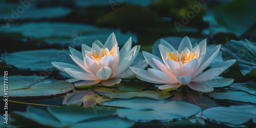 Two white water lilies glow on the surface of the water. Background and advertising banner for yoga and meditation studio. Calmness and psychological health concept.
