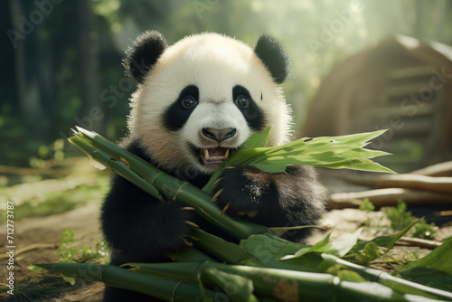 A baby panda bear eating a bamboo shoot  its little paws reaching out for more