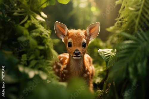 Billede på lærred A baby deer fawn nibbling on a leaf, its large eyes looking around for danger