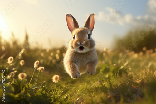 A baby rabbit hopping across a meadow, its nose twitching and its ears perked up