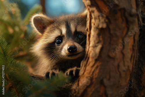 A baby raccoon peeking out from behind a tree, its eyes wide and its fur ruffled from the wind © Michael Böhm