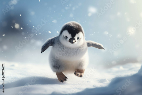 A baby penguin waddling across the snow, its feet leaving tiny footprints in its wake