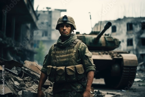 A soldier in a camouflaged uniform standing in front of a tank in a war-torn city